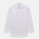 The Pink and Blue Multi Stripe Mayfair Shirt by Turnbull & Asser features vertical pastel stripes, a T&A collar, and buttoned cuffs. Made from organic cotton, the long-sleeve shirt is shown on a plain white background.