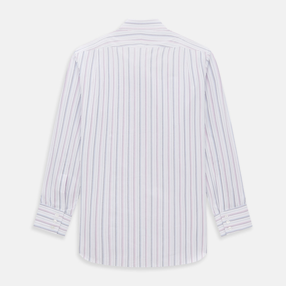 The Turnbull & Asser Purple and Blue Multi Stripe Mayfair Shirt features long sleeves, a classic T&A collar, buttoned cuffs, tailored fit, and organic cotton construction. Displayed on a plain white background.