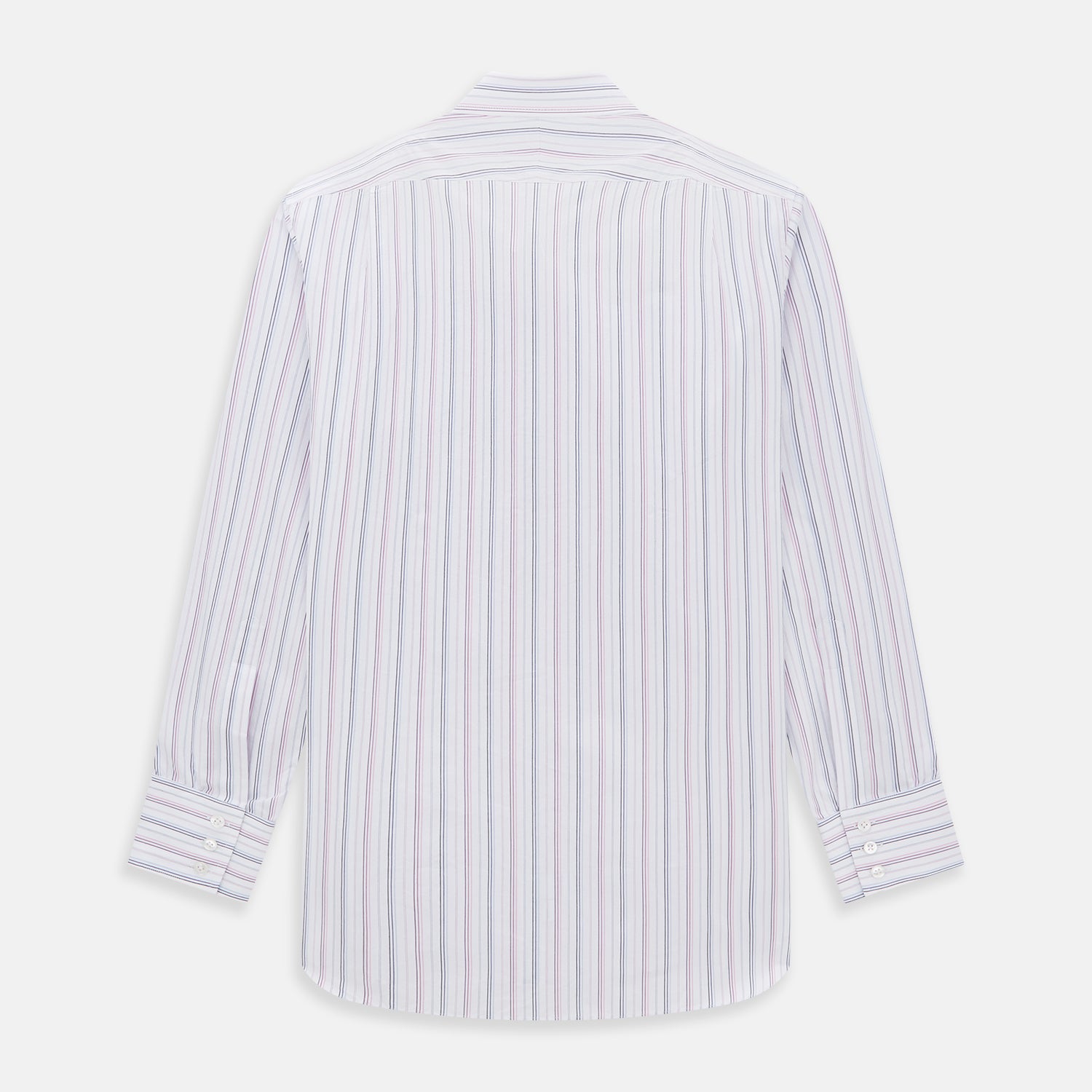 View 5 of product The Turnbull & Asser Purple and Blue Multi Stripe Mayfair Shirt features long sleeves, a classic T&A collar, buttoned cuffs, tailored fit, and organic cotton construction. Displayed on a plain white background.
