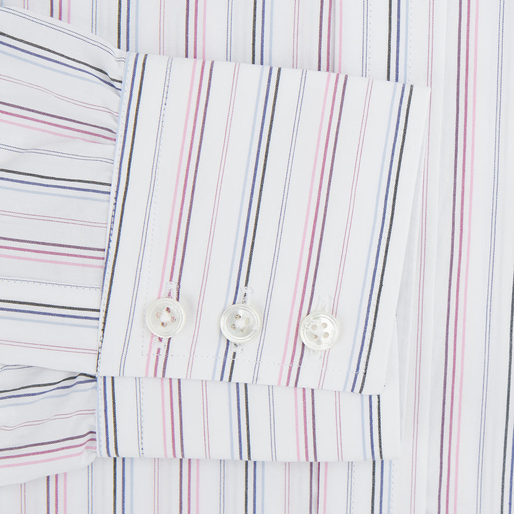 The Turnbull & Asser Purple and Blue Multi Stripe Mayfair Shirt features long sleeves, a classic T&A collar, buttoned cuffs, tailored fit, and organic cotton construction. Displayed on a plain white background.