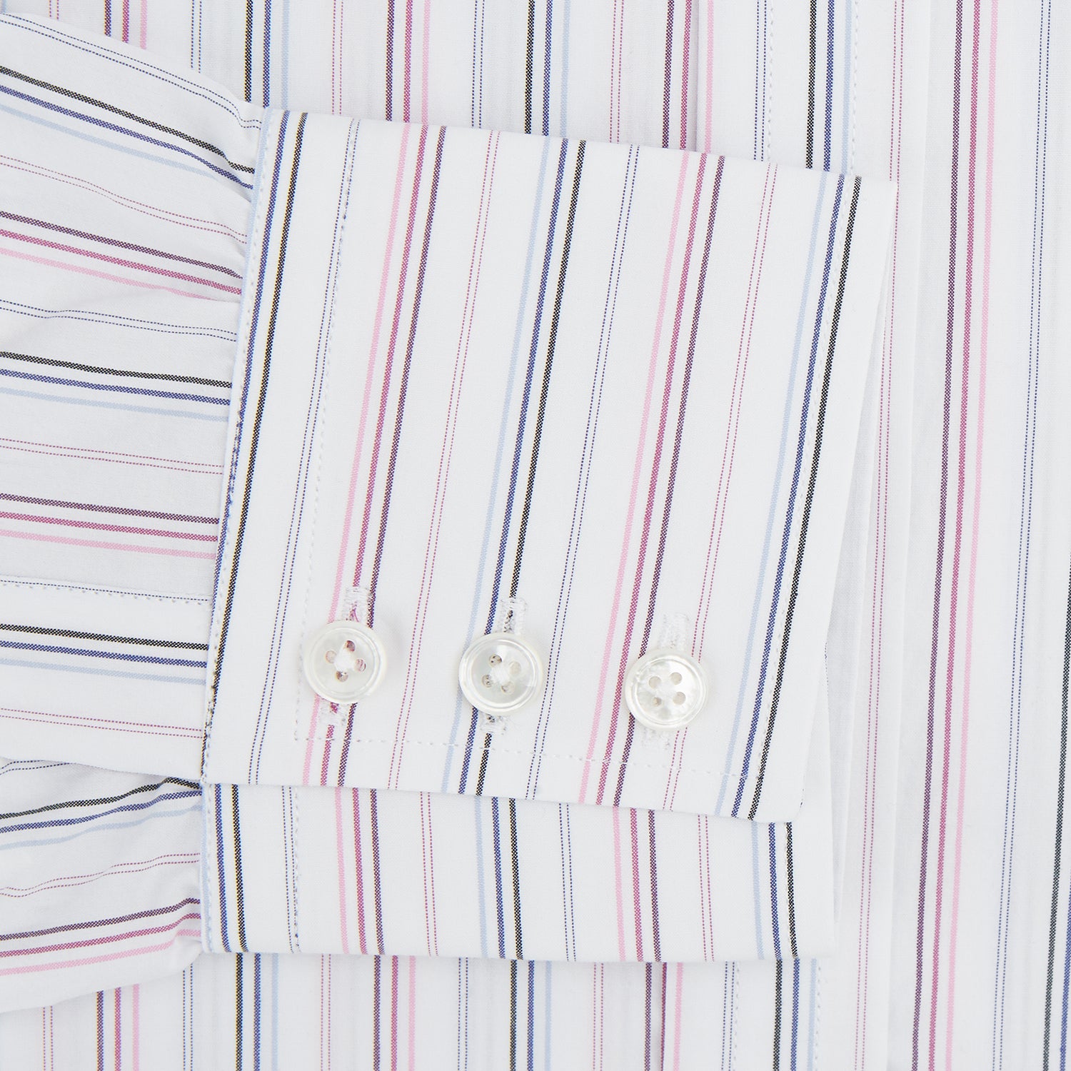 View 3 of product The Turnbull & Asser Purple and Blue Multi Stripe Mayfair Shirt features long sleeves, a classic T&A collar, buttoned cuffs, tailored fit, and organic cotton construction. Displayed on a plain white background.