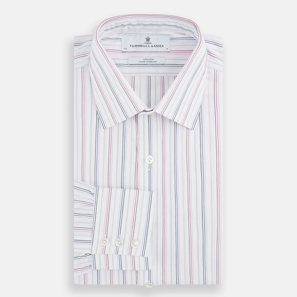 The Turnbull & Asser Purple and Blue Multi Stripe Mayfair Shirt features long sleeves, a classic T&A collar, buttoned cuffs, tailored fit, and organic cotton construction. Displayed on a plain white background.