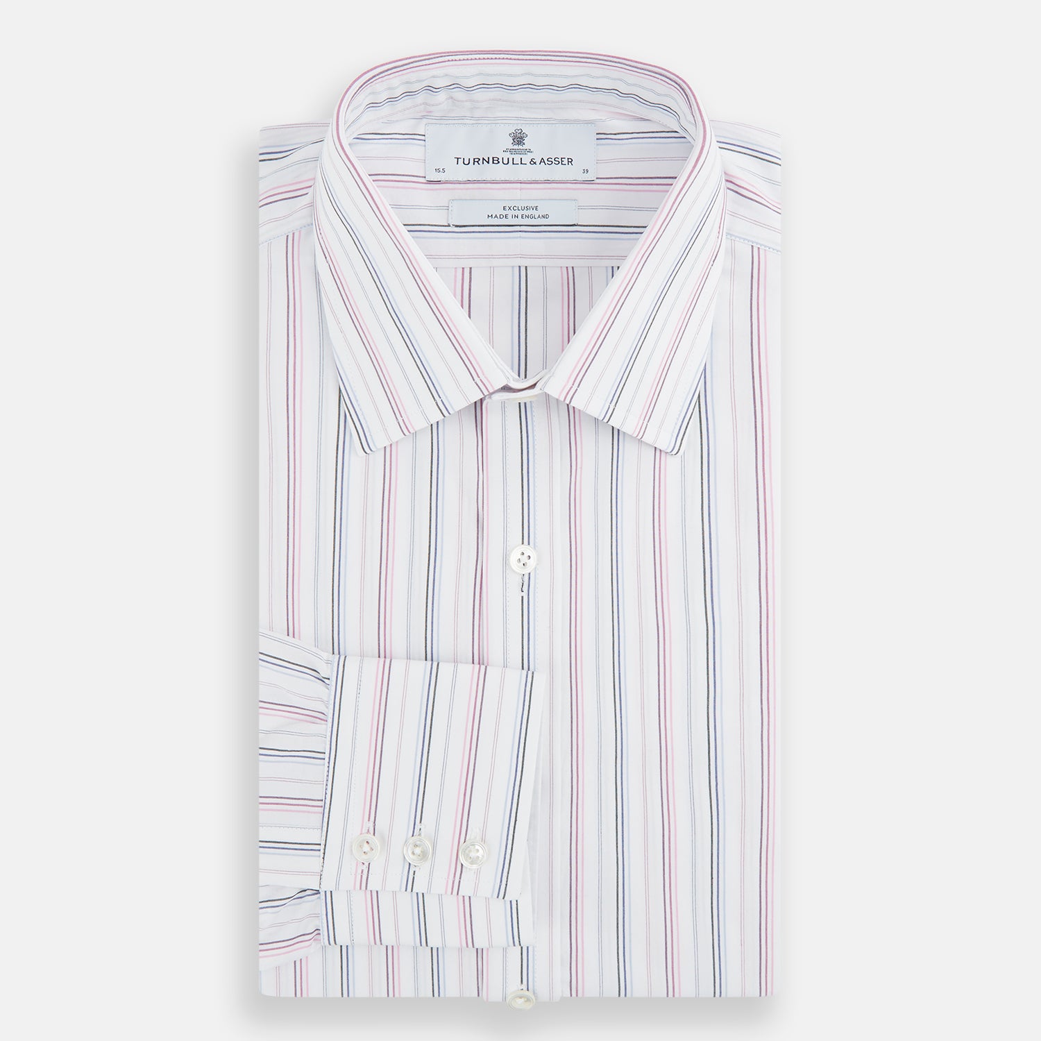 View 4 of product The Turnbull & Asser Purple and Blue Multi Stripe Mayfair Shirt features long sleeves, a classic T&A collar, buttoned cuffs, tailored fit, and organic cotton construction. Displayed on a plain white background.