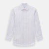 View 1 of product The Turnbull & Asser Purple and Blue Multi Stripe Mayfair Shirt features long sleeves, a classic T&A collar, buttoned cuffs, tailored fit, and organic cotton construction. Displayed on a plain white background.