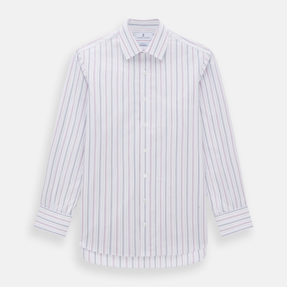 The Turnbull & Asser Purple and Blue Multi Stripe Mayfair Shirt features long sleeves, a classic T&A collar, buttoned cuffs, tailored fit, and organic cotton construction. Displayed on a plain white background.