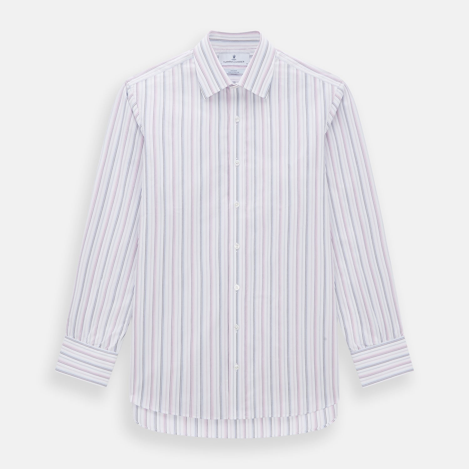 View 1 of product The Turnbull & Asser Purple and Blue Multi Stripe Mayfair Shirt features long sleeves, a classic T&A collar, buttoned cuffs, tailored fit, and organic cotton construction. Displayed on a plain white background.