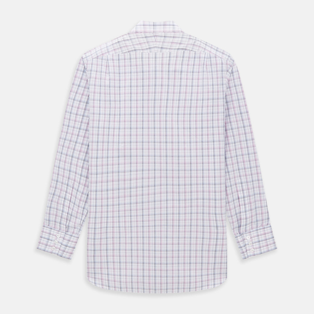 The Purple and Blue Multi Check Mayfair Shirt by Turnbull & Asser is a long-sleeved, organic cotton button-down with a classic T&A collar, featuring a white base with blue, purple, and pink checks, displayed on a white background.