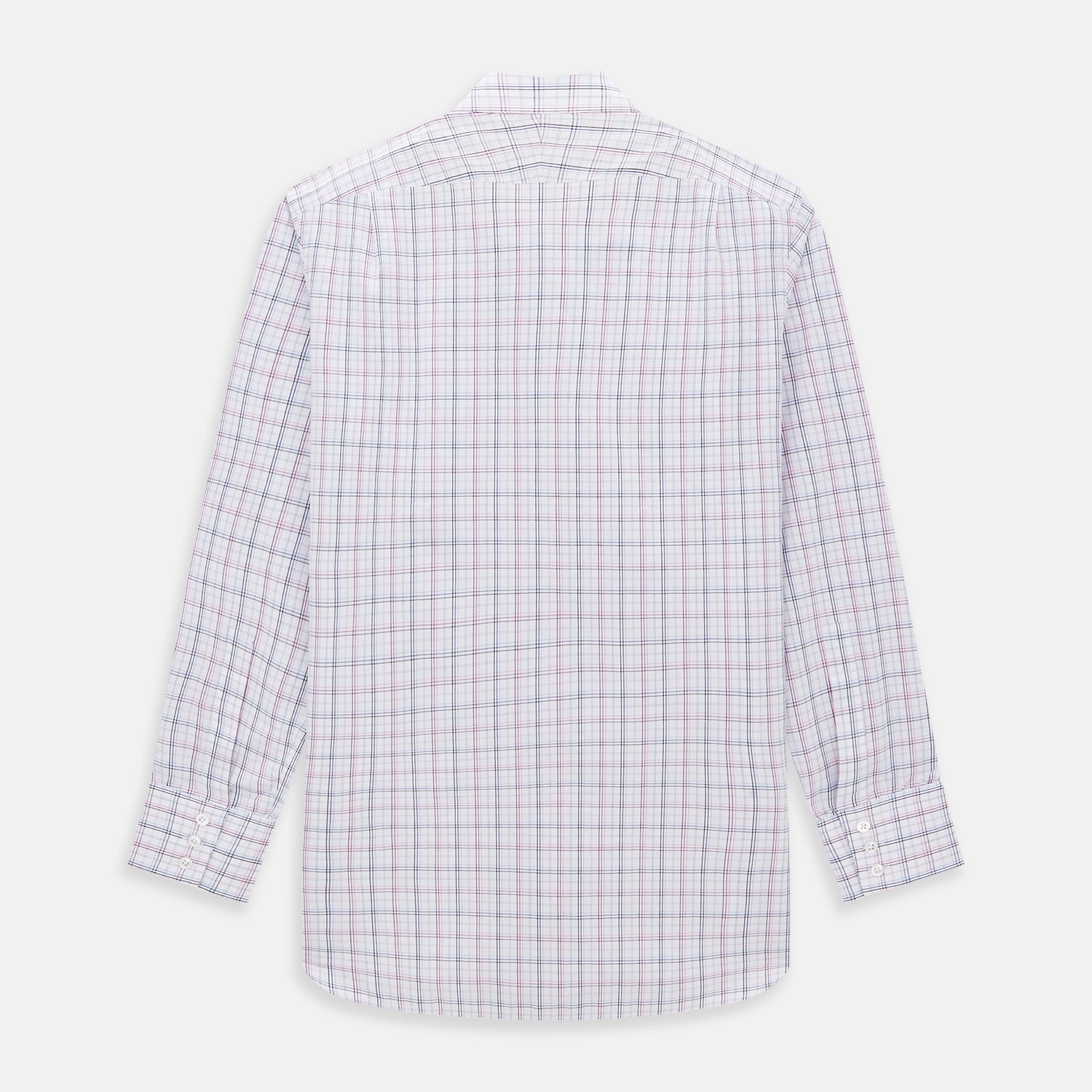 View 5 of product The Purple and Blue Multi Check Mayfair Shirt by Turnbull & Asser is a long-sleeved, organic cotton button-down with a classic T&A collar, featuring a white base with blue, purple, and pink checks, displayed on a white background.