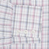 View 3 of product The Purple and Blue Multi Check Mayfair Shirt by Turnbull & Asser is a long-sleeved, organic cotton button-down with a classic T&A collar, featuring a white base with blue, purple, and pink checks, displayed on a white background.