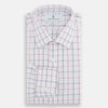 View 4 of product The Purple and Blue Multi Check Mayfair Shirt by Turnbull & Asser is a long-sleeved, organic cotton button-down with a classic T&A collar, featuring a white base with blue, purple, and pink checks, displayed on a white background.