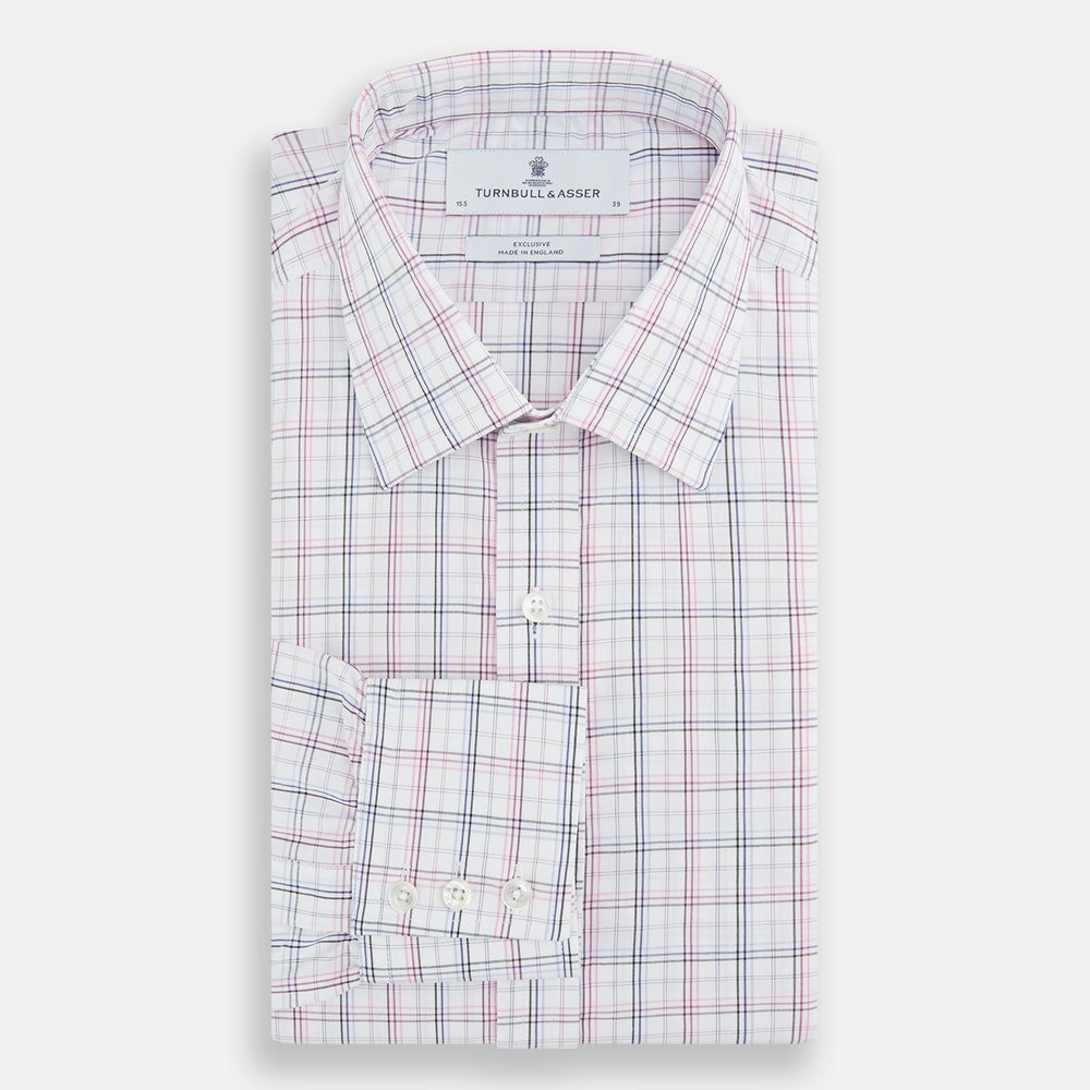 The Purple and Blue Multi Check Mayfair Shirt by Turnbull & Asser is a long-sleeved, organic cotton button-down with a classic T&A collar, featuring a white base with blue, purple, and pink checks, displayed on a white background.