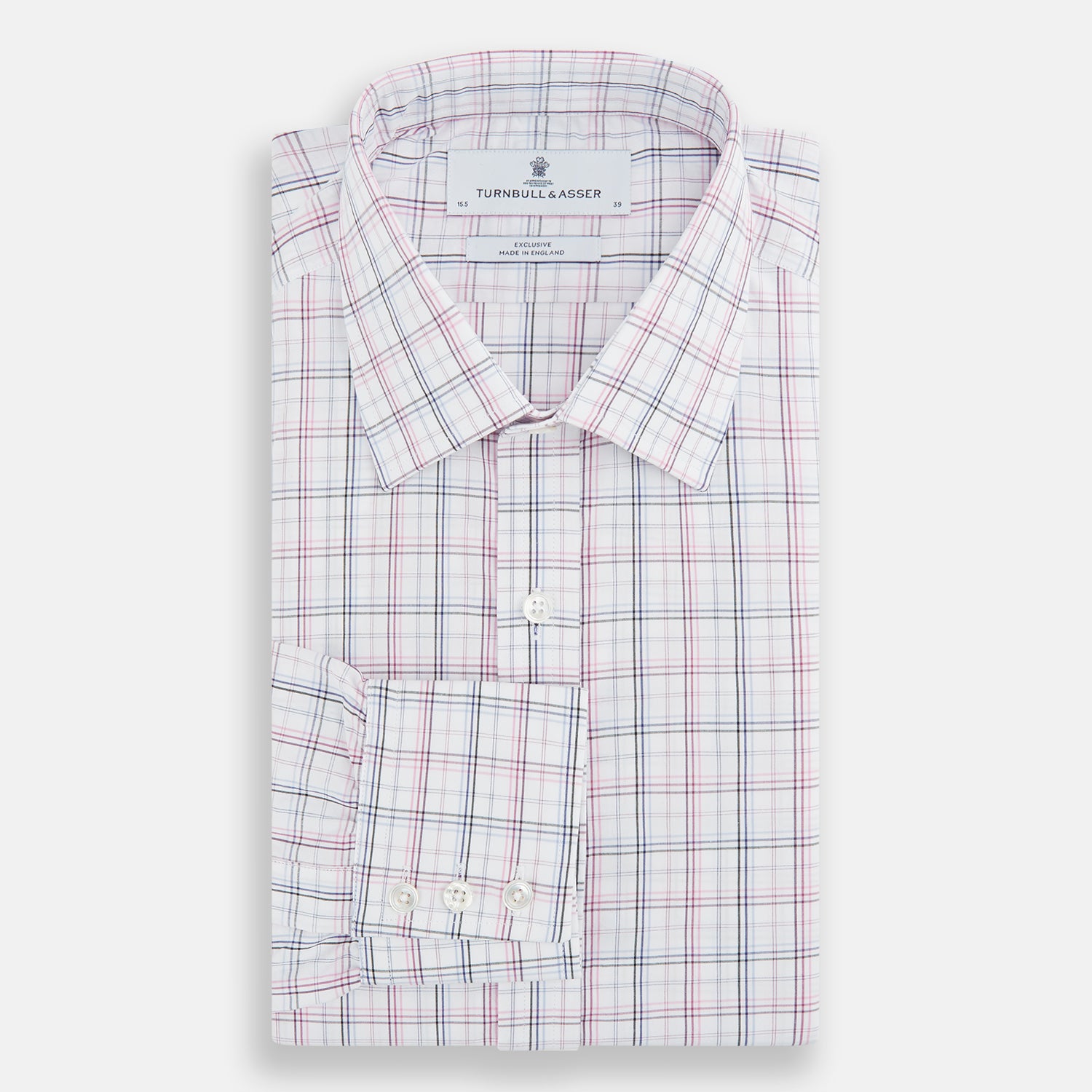 View 4 of product The Purple and Blue Multi Check Mayfair Shirt by Turnbull & Asser is a long-sleeved, organic cotton button-down with a classic T&A collar, featuring a white base with blue, purple, and pink checks, displayed on a white background.
