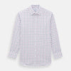 View 1 of product The Purple and Blue Multi Check Mayfair Shirt by Turnbull & Asser is a long-sleeved, organic cotton button-down with a classic T&A collar, featuring a white base with blue, purple, and pink checks, displayed on a white background.