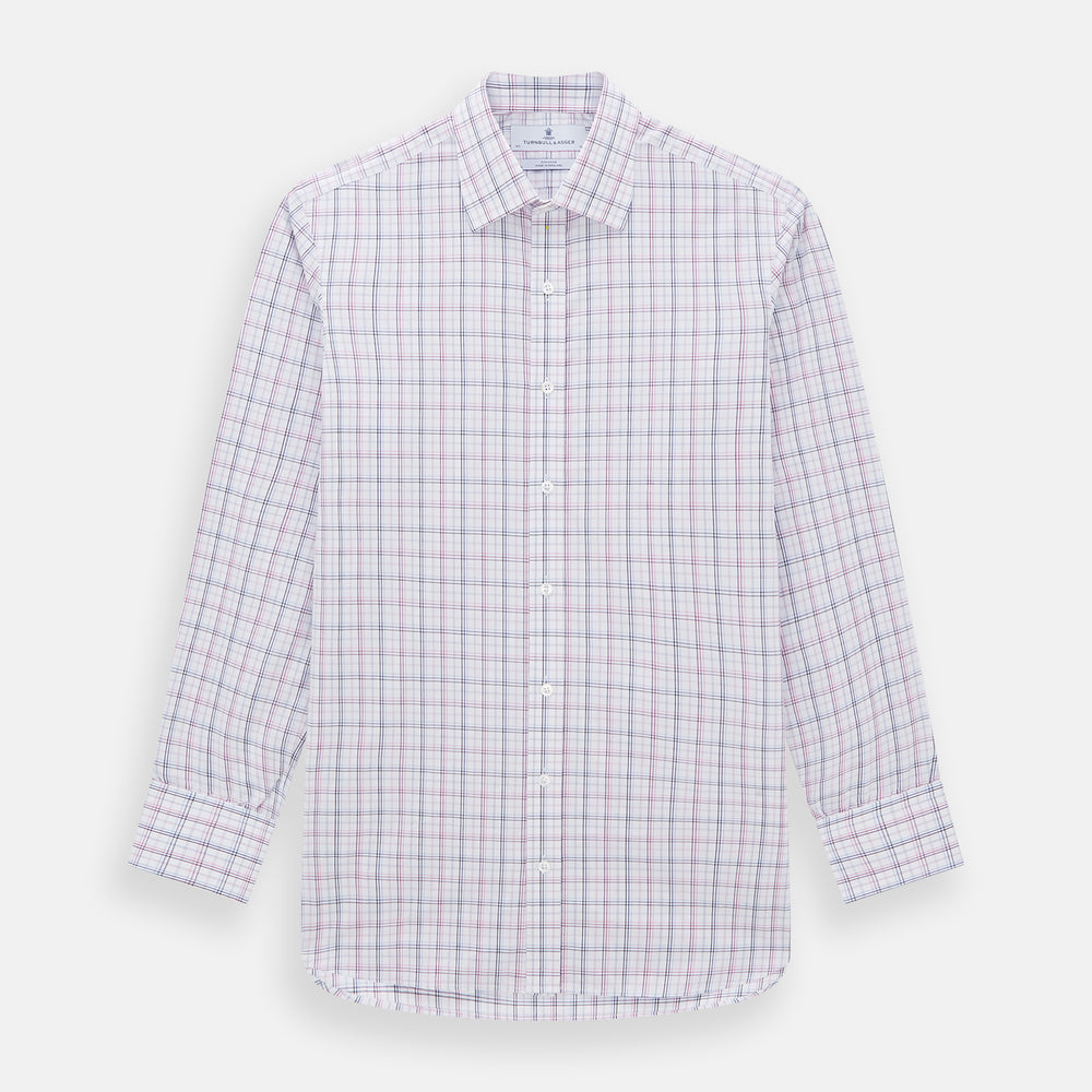 The Purple and Blue Multi Check Mayfair Shirt by Turnbull & Asser is a long-sleeved, organic cotton button-down with a classic T&A collar, featuring a white base with blue, purple, and pink checks, displayed on a white background.