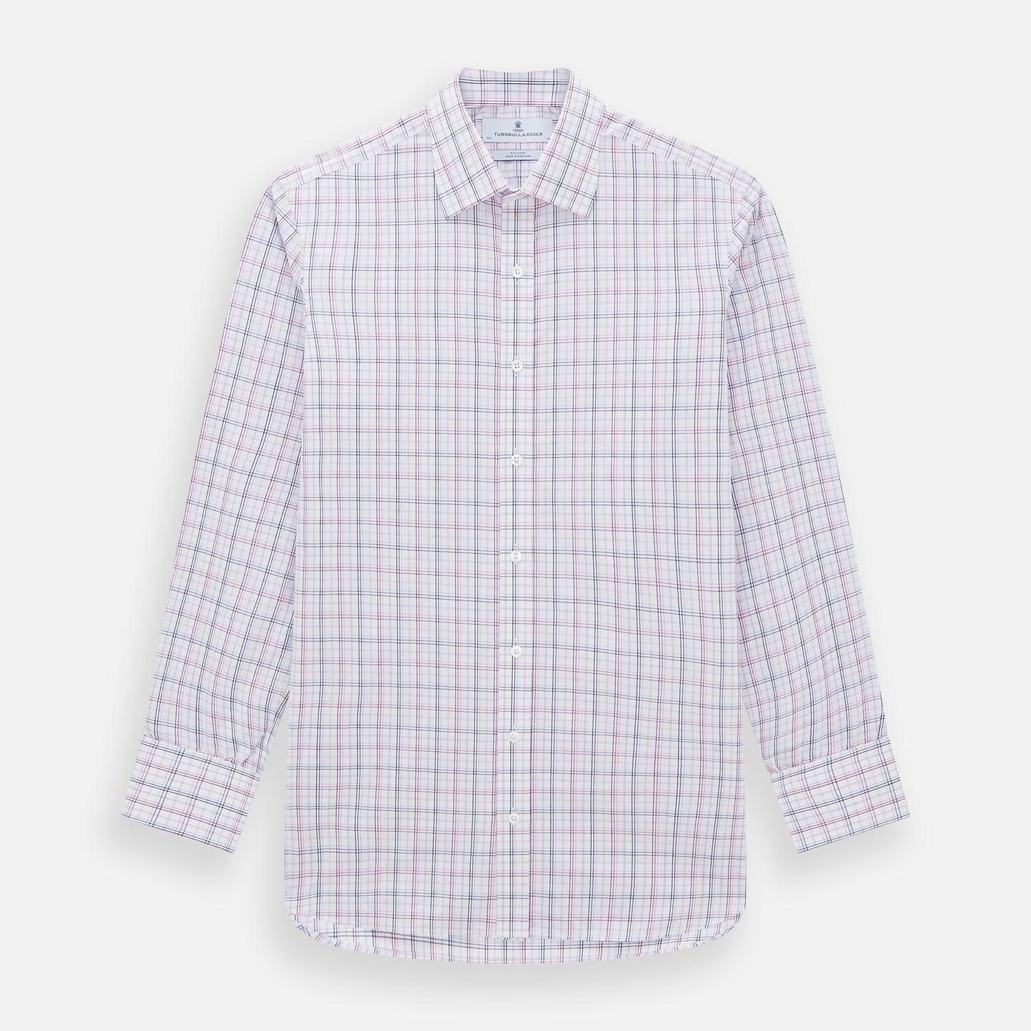 View 1 of product The Purple and Blue Multi Check Mayfair Shirt by Turnbull & Asser is a long-sleeved, organic cotton button-down with a classic T&A collar, featuring a white base with blue, purple, and pink checks, displayed on a white background.