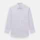 The Purple and Blue Multi Check Mayfair Shirt by Turnbull & Asser is a long-sleeved, organic cotton button-down with a classic T&A collar, featuring a white base with blue, purple, and pink checks, displayed on a white background.
