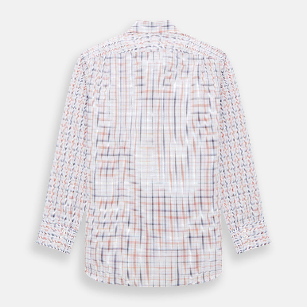 The Orange and Blue Multi Check Mayfair Shirt by Turnbull & Asser is an organic cotton summer staple, featuring long sleeves and a light blue, orange, and white plaid pattern.