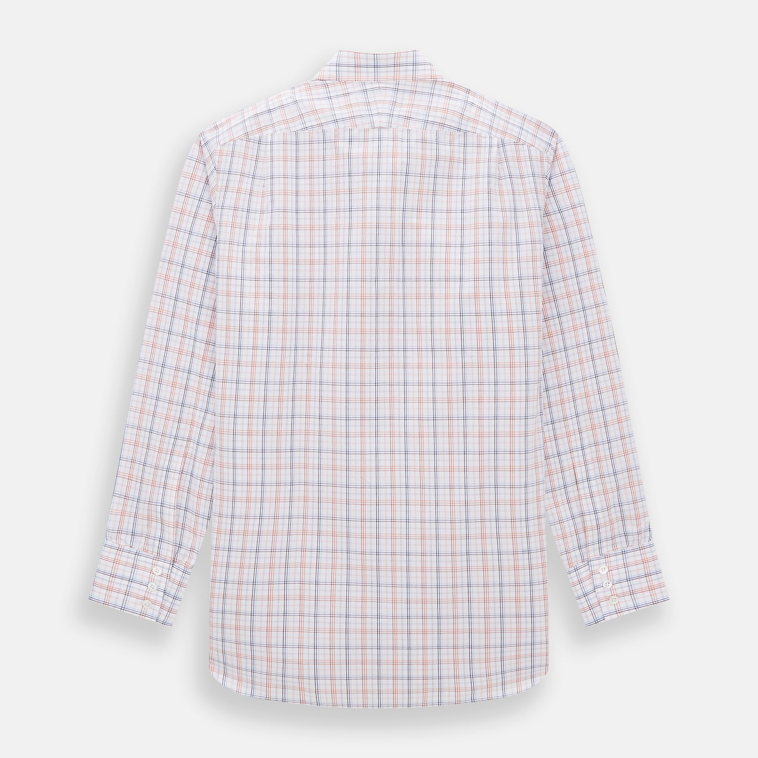 View 5 of product The Orange and Blue Multi Check Mayfair Shirt by Turnbull & Asser is an organic cotton summer staple, featuring long sleeves and a light blue, orange, and white plaid pattern.