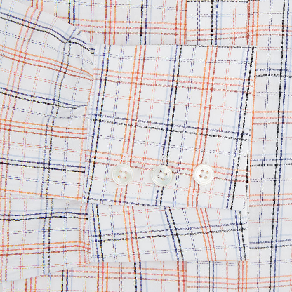 The Orange and Blue Multi Check Mayfair Shirt by Turnbull & Asser is an organic cotton summer staple, featuring long sleeves and a light blue, orange, and white plaid pattern.
