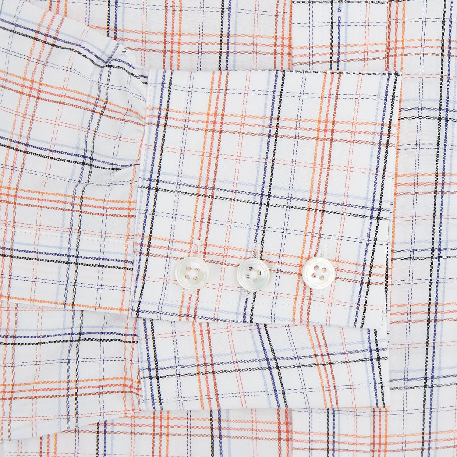 View 3 of product The Orange and Blue Multi Check Mayfair Shirt by Turnbull & Asser is an organic cotton summer staple, featuring long sleeves and a light blue, orange, and white plaid pattern.