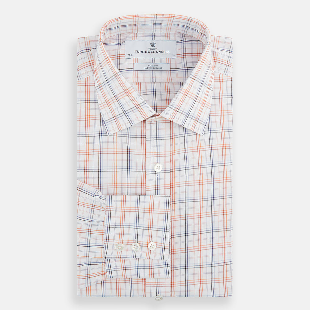 The Orange and Blue Multi Check Mayfair Shirt by Turnbull & Asser is an organic cotton summer staple, featuring long sleeves and a light blue, orange, and white plaid pattern.