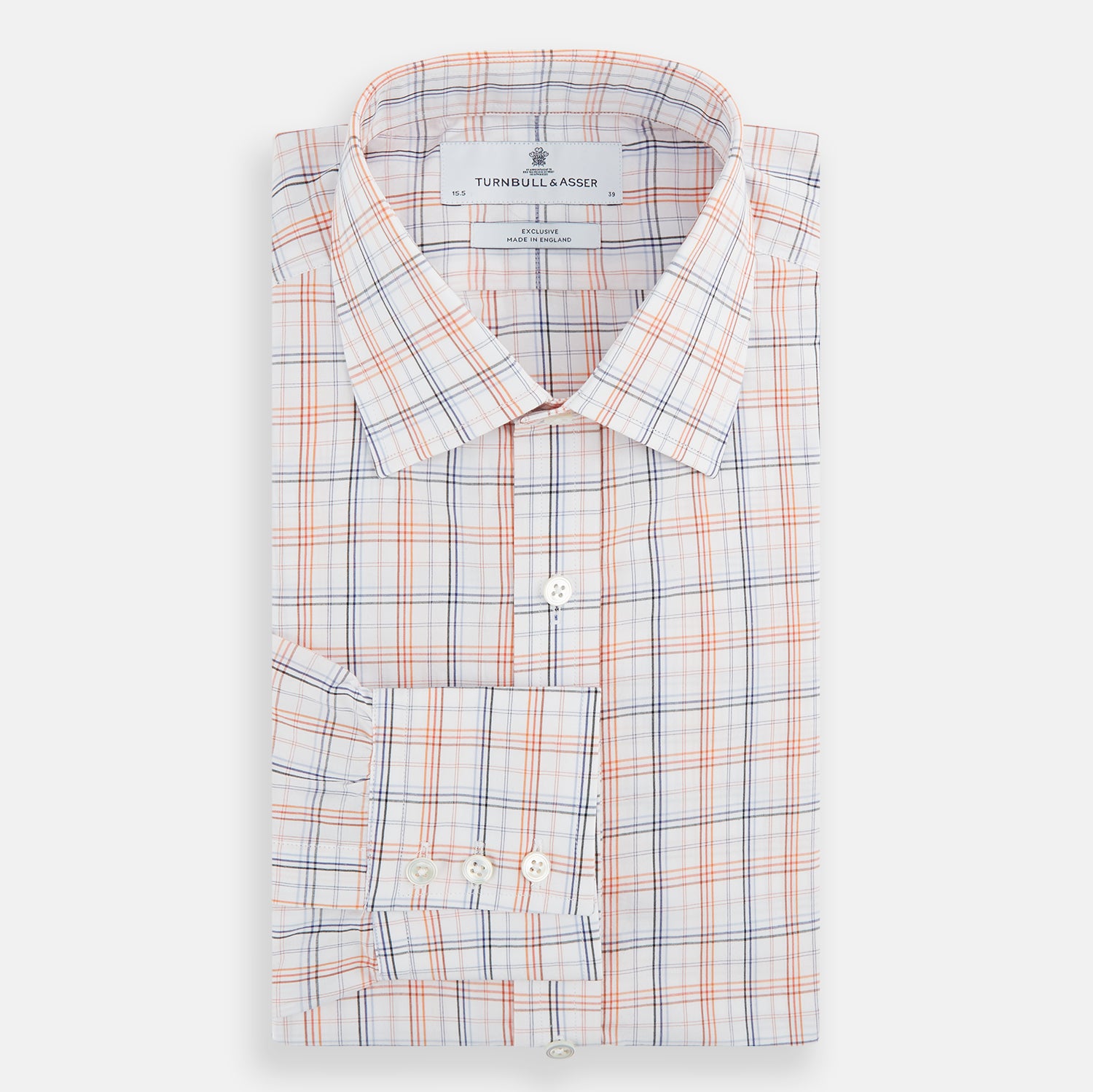 View 4 of product The Orange and Blue Multi Check Mayfair Shirt by Turnbull & Asser is an organic cotton summer staple, featuring long sleeves and a light blue, orange, and white plaid pattern.