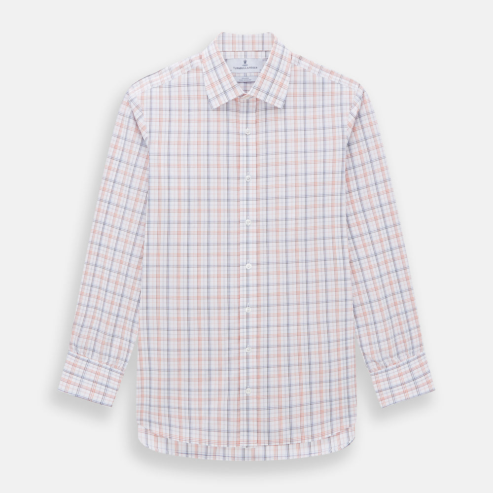 The Orange and Blue Multi Check Mayfair Shirt by Turnbull & Asser is an organic cotton summer staple, featuring long sleeves and a light blue, orange, and white plaid pattern.