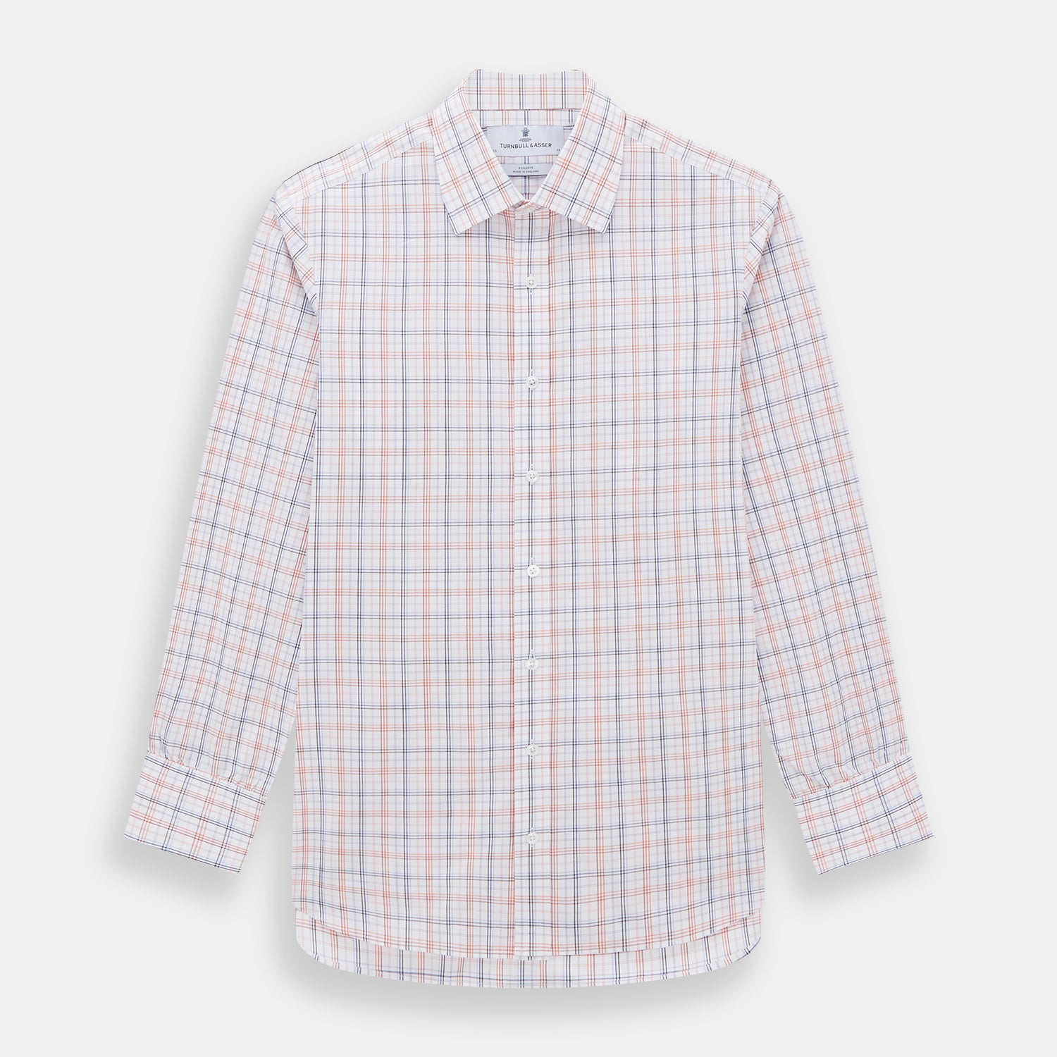 View 1 of product The Orange and Blue Multi Check Mayfair Shirt by Turnbull & Asser is an organic cotton summer staple, featuring long sleeves and a light blue, orange, and white plaid pattern.