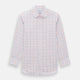 The Orange and Blue Multi Check Mayfair Shirt by Turnbull & Asser is an organic cotton summer staple, featuring long sleeves and a light blue, orange, and white plaid pattern.