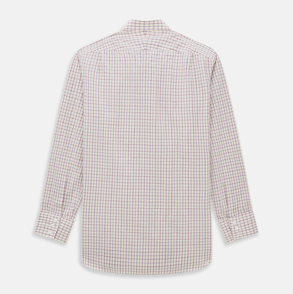 The Turnbull & Asser Pink Multi Check Mayfair Shirt features a T&A collar, long sleeves, and a pink check pattern on white organic cotton, shown against a plain white background.