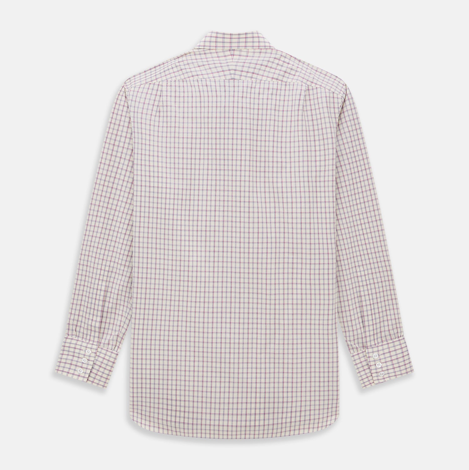 View 5 of product The Turnbull & Asser Pink Multi Check Mayfair Shirt features a T&A collar, long sleeves, and a pink check pattern on white organic cotton, shown against a plain white background.
