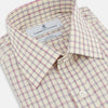 View 2 of product The Turnbull & Asser Pink Multi Check Mayfair Shirt features a T&A collar, long sleeves, and a pink check pattern on white organic cotton, shown against a plain white background.