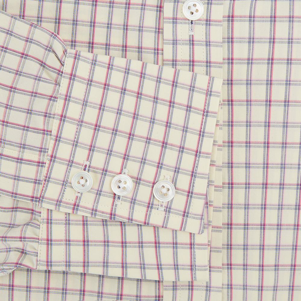 The Turnbull & Asser Pink Multi Check Mayfair Shirt features a T&A collar, long sleeves, and a pink check pattern on white organic cotton, shown against a plain white background.