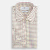 View 4 of product The Turnbull & Asser Pink Multi Check Mayfair Shirt features a T&A collar, long sleeves, and a pink check pattern on white organic cotton, shown against a plain white background.