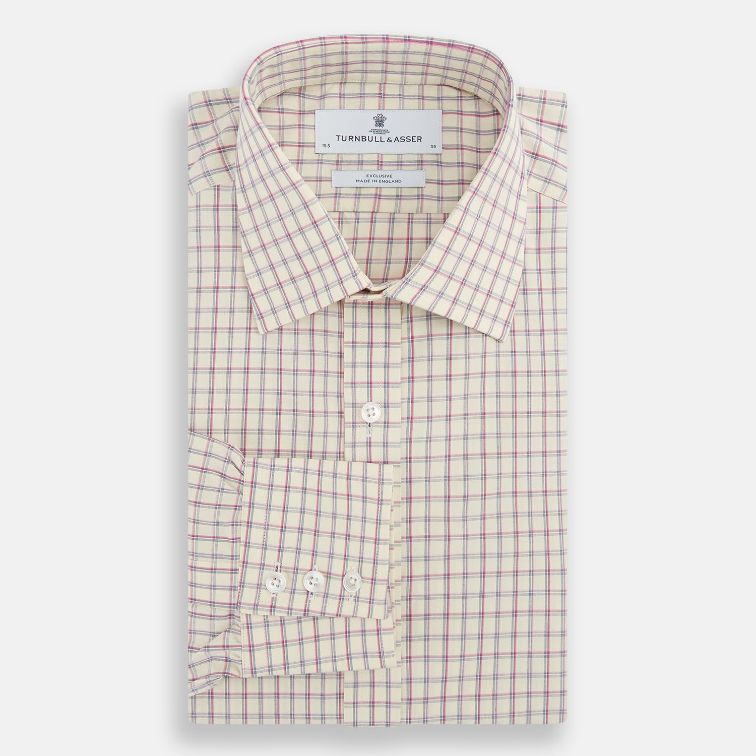 View 4 of product The Turnbull & Asser Pink Multi Check Mayfair Shirt features a T&A collar, long sleeves, and a pink check pattern on white organic cotton, shown against a plain white background.