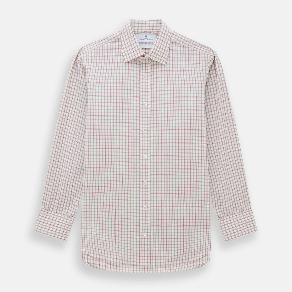 The Turnbull & Asser Pink Multi Check Mayfair Shirt features a T&A collar, long sleeves, and a pink check pattern on white organic cotton, shown against a plain white background.