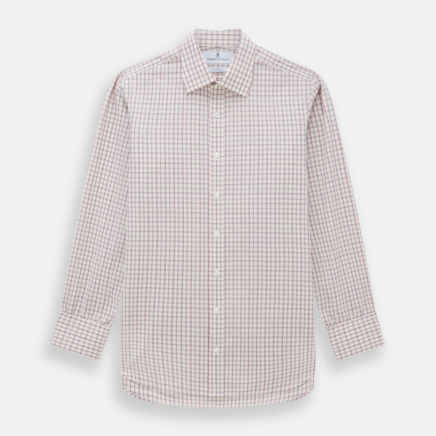 View 1 of product The Turnbull & Asser Pink Multi Check Mayfair Shirt features a T&A collar, long sleeves, and a pink check pattern on white organic cotton, shown against a plain white background.