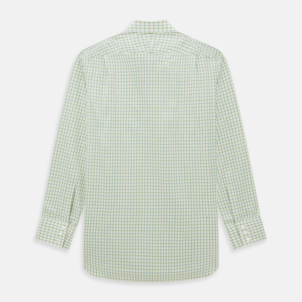 The Turnbull & Asser Green Multi Check Mayfair Shirt features a light green and white checkered pattern, long sleeves, a collar, and buttoned cuffs. Displayed on a white background.