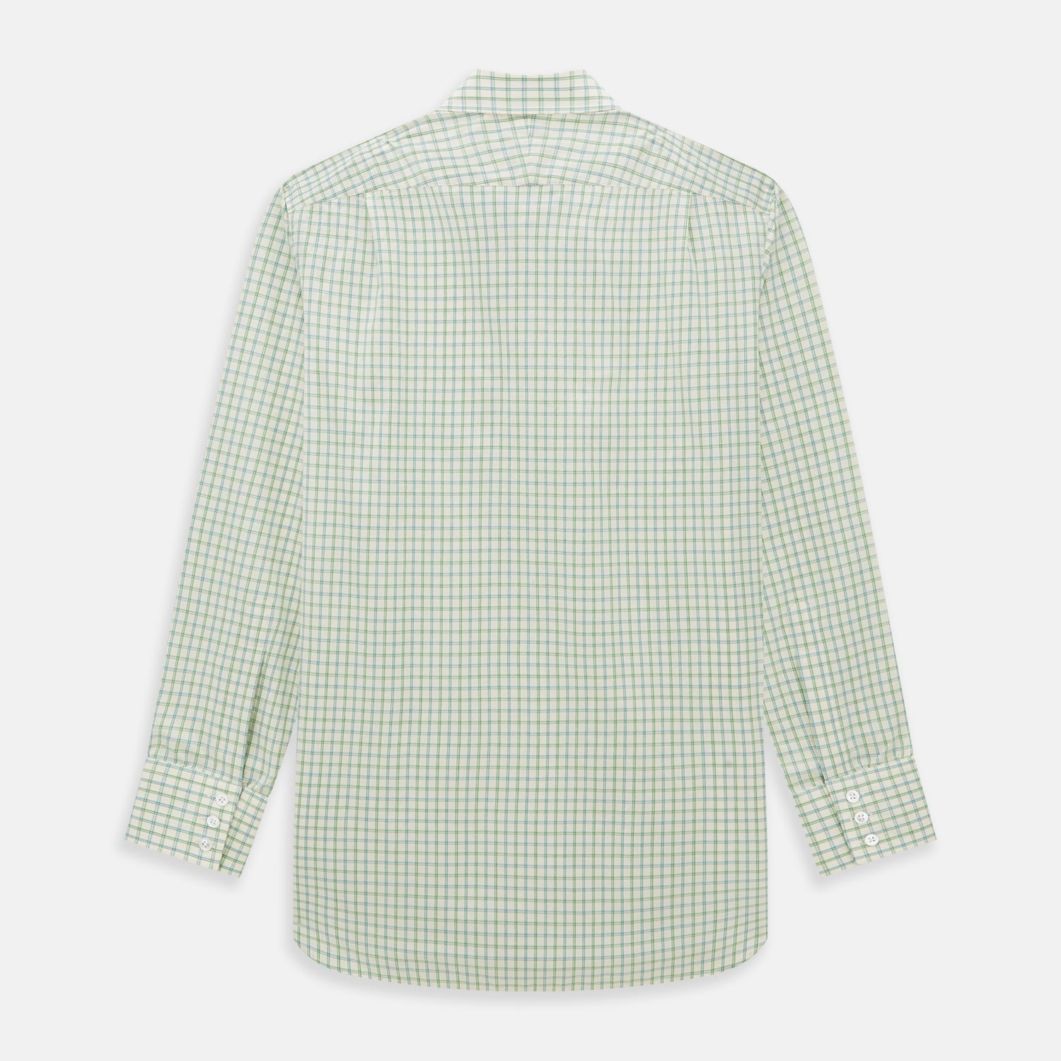 View 5 of product The Turnbull & Asser Green Multi Check Mayfair Shirt features a light green and white checkered pattern, long sleeves, a collar, and buttoned cuffs. Displayed on a white background.
