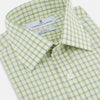 View 2 of product The Turnbull & Asser Green Multi Check Mayfair Shirt features a light green and white checkered pattern, long sleeves, a collar, and buttoned cuffs. Displayed on a white background.