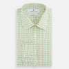 View 4 of product The Turnbull & Asser Green Multi Check Mayfair Shirt features a light green and white checkered pattern, long sleeves, a collar, and buttoned cuffs. Displayed on a white background.