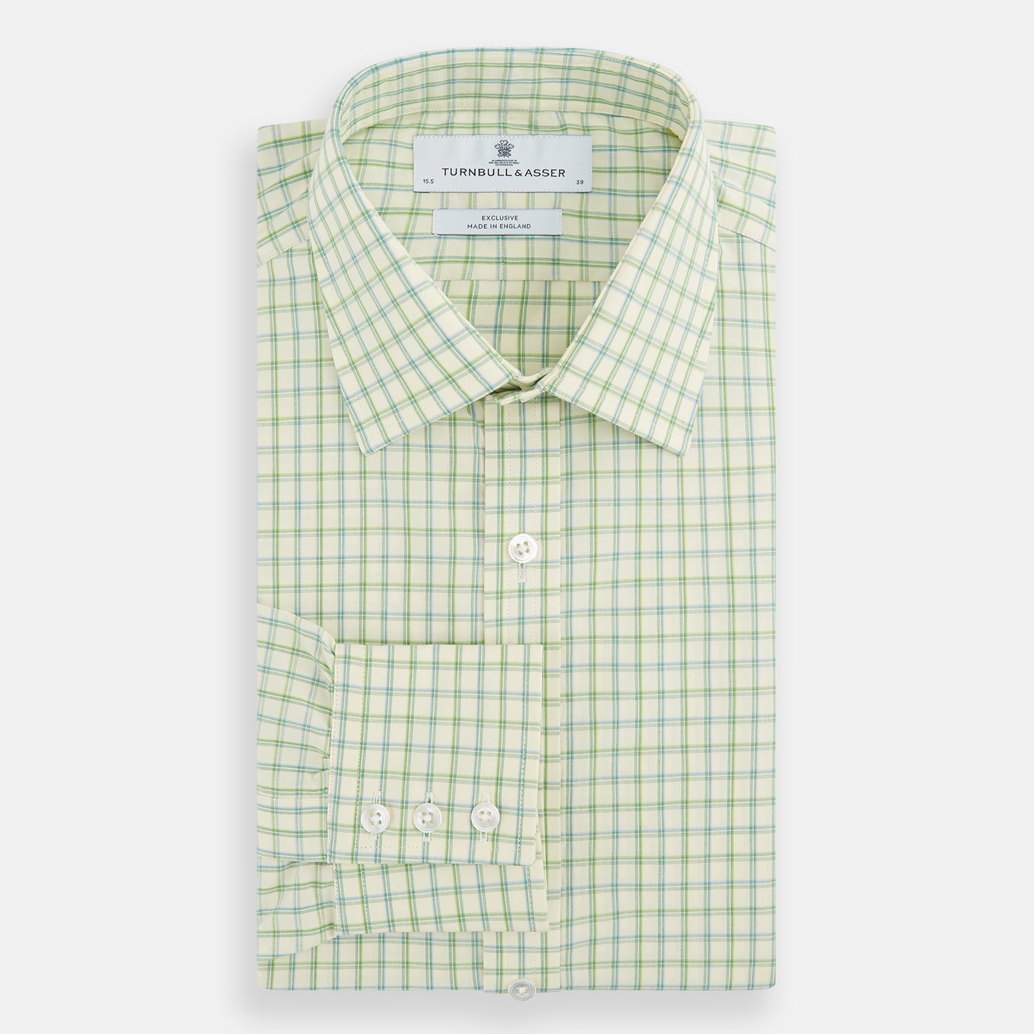 View 4 of product The Turnbull & Asser Green Multi Check Mayfair Shirt features a light green and white checkered pattern, long sleeves, a collar, and buttoned cuffs. Displayed on a white background.