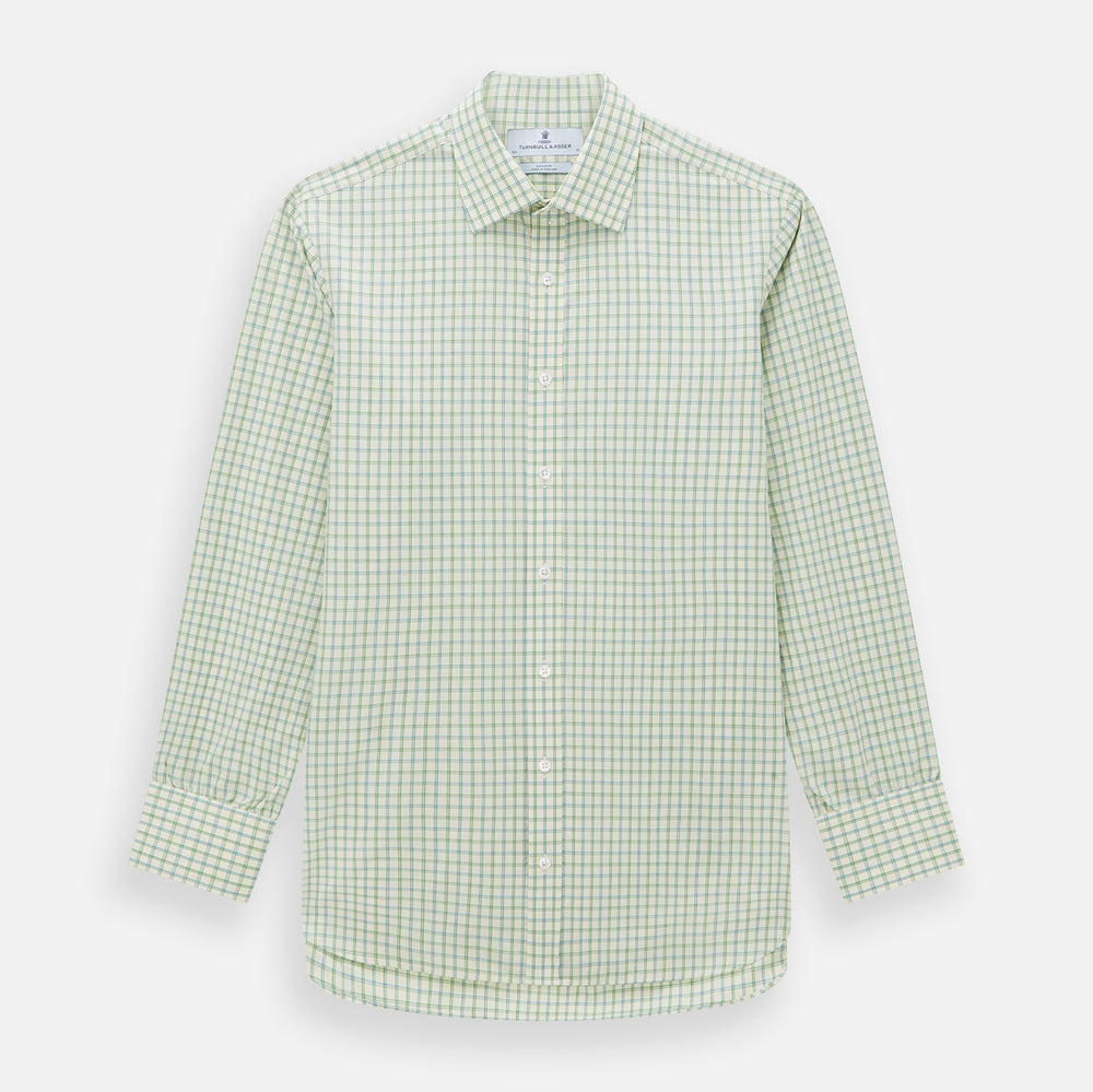 The Turnbull & Asser Green Multi Check Mayfair Shirt features a light green and white checkered pattern, long sleeves, a collar, and buttoned cuffs. Displayed on a white background.