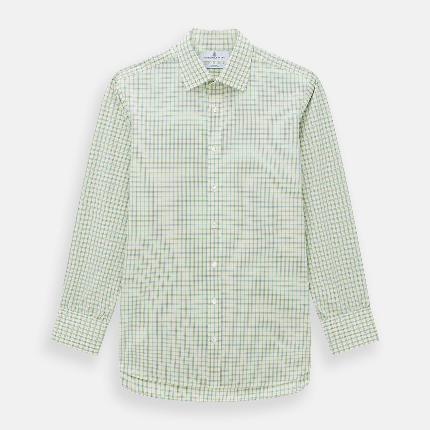 View 1 of product The Turnbull & Asser Green Multi Check Mayfair Shirt features a light green and white checkered pattern, long sleeves, a collar, and buttoned cuffs. Displayed on a white background.