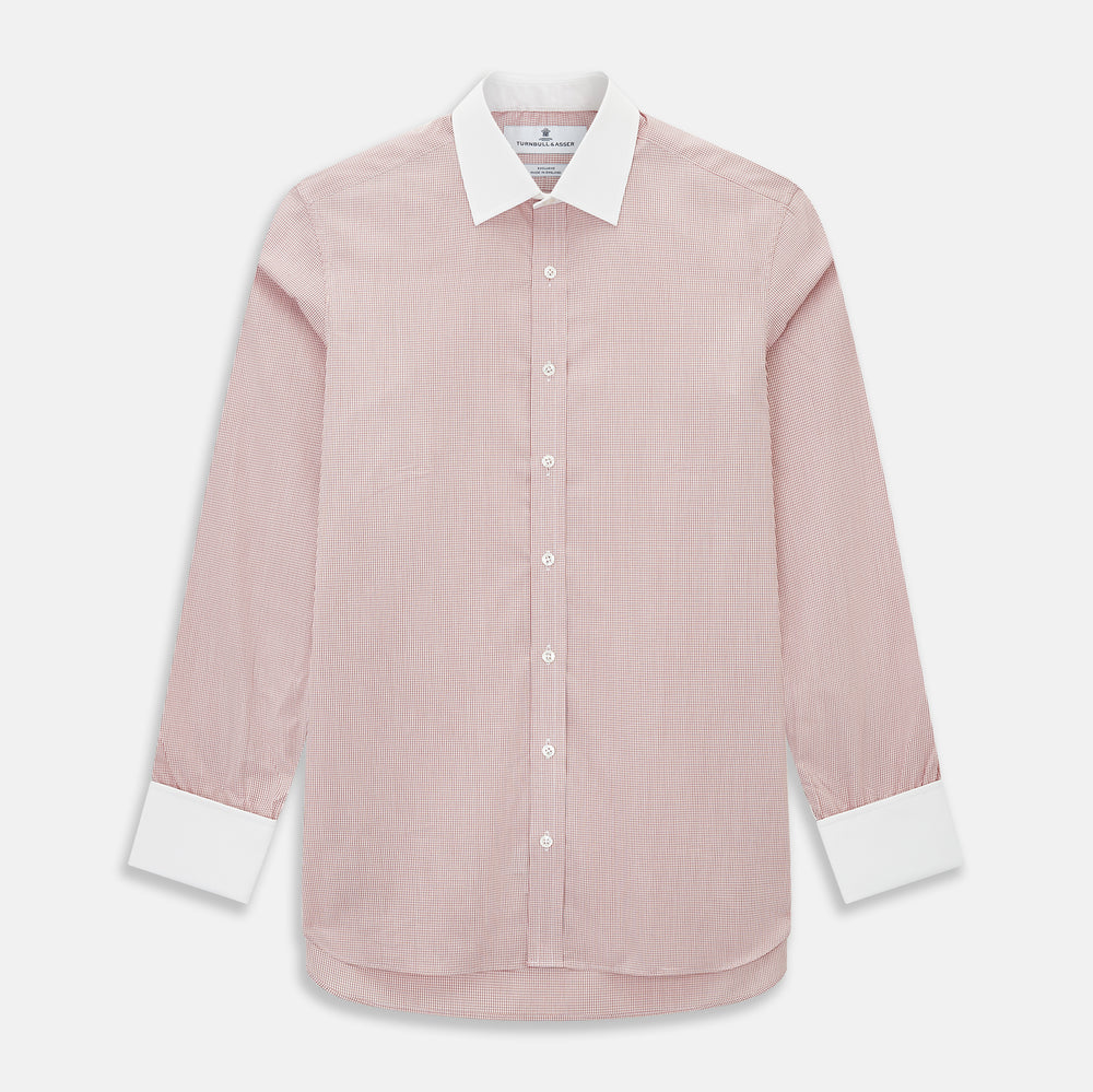 SHIRTS RF NEW WH T&A CLR WHITE/DARK RED CHECK long-sleeved shirt with a white spread collar, white double cuffs, and a fine red and white check pattern.