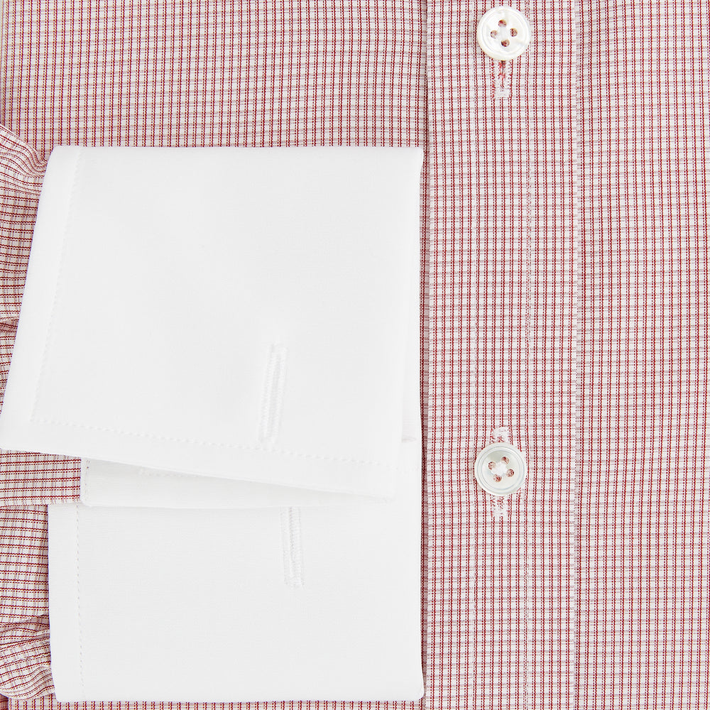 SHIRTS RF NEW WH T&A CLR WHITE/DARK RED CHECK long-sleeved shirt with a white spread collar, white double cuffs, and a fine red and white check pattern.