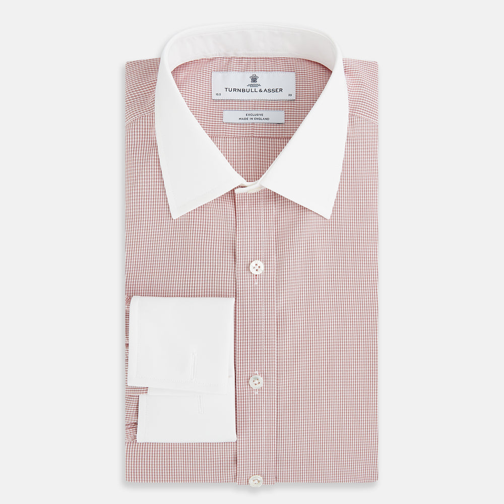 SHIRTS RF NEW WH T&A CLR WHITE/DARK RED CHECK long-sleeved shirt with a white spread collar, white double cuffs, and a fine red and white check pattern.