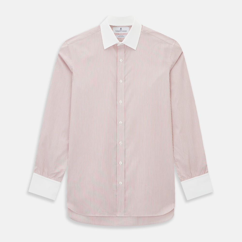 Turnbull & Asser UK SHIRTS RF NEW WH T&A CLR WHITE/DARK RED STRIPE long-sleeved button-down shirt featuring a fine dark red and white pinstripe pattern with a white collar and white double cuffs.
