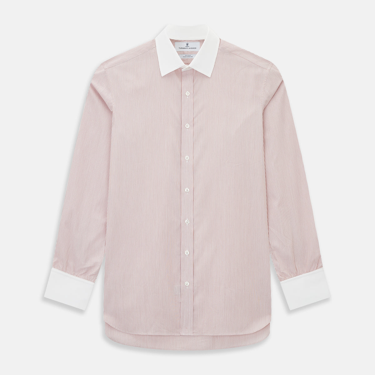 View 1 of product Turnbull & Asser UK SHIRTS RF NEW WH T&A CLR WHITE/DARK RED STRIPE long-sleeved button-down shirt featuring a fine dark red and white pinstripe pattern with a white collar and white double cuffs.