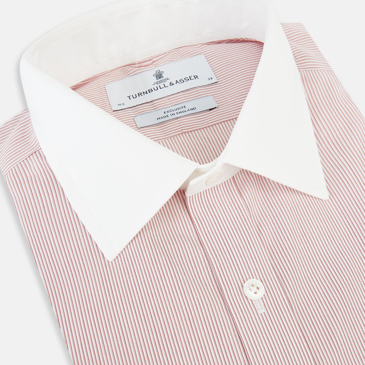 View 2 of product Turnbull & Asser UK SHIRTS RF NEW WH T&A CLR WHITE/DARK RED STRIPE long-sleeved button-down shirt featuring a fine dark red and white pinstripe pattern with a white collar and white double cuffs.